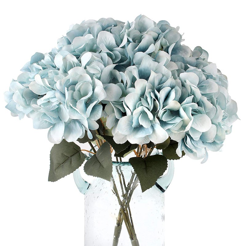 Louiesya Artificial Flowers Silk Hydrangea Flowers with 5 Big Heads Fake Flower Bunch Bouquet for Home Wedding Party Decor DIY (Sky Blue) - Image 1